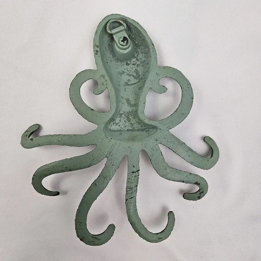 Cast Iron Octopus Wall Hook Key Rack Towel Hanger Verdigris Nautical Coastal